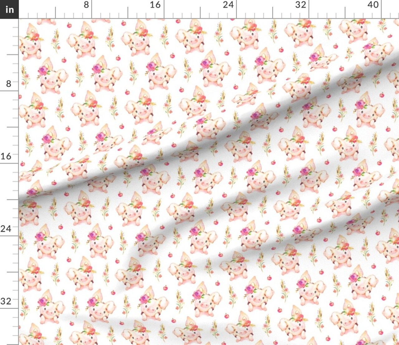 Girl Pig Flowers Apples Scale Piggy Cute Little Country Farm Girls Custom Printed Fabric by Spoonflower Various Fabrics by the Yard or Fat Quarter